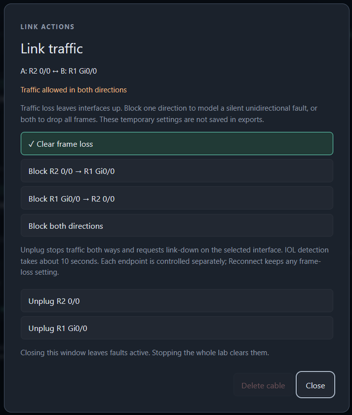 Link actions with separate controls for directional frame loss and unplugging each endpoint.