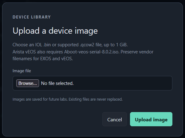 Weblab image upload dialog with a file picker for supported device images.
